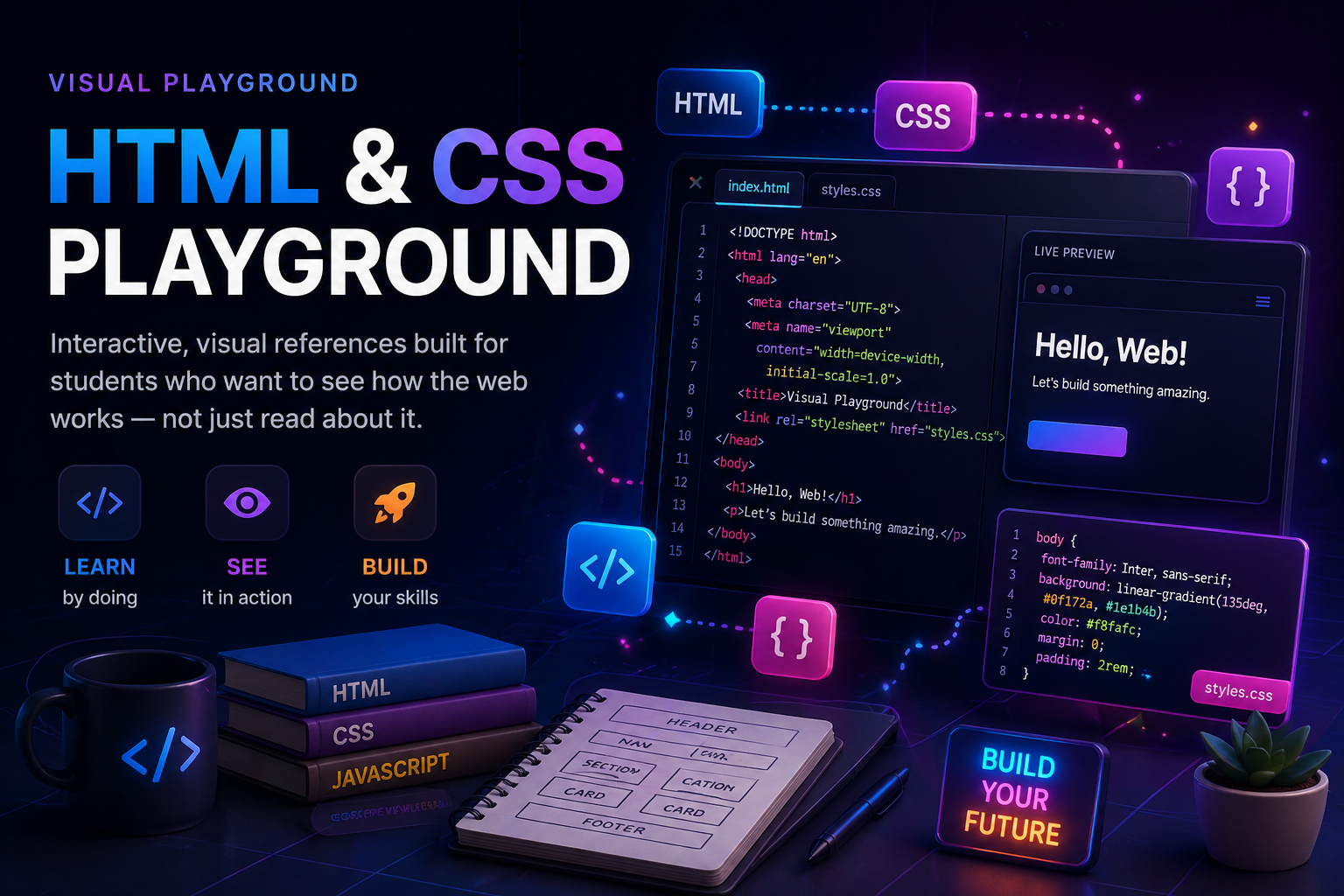 HTML & CSS Visual Playground — interactive, visual references built for students who want to see how the web works, not just read about it. Learn by doing, see it in action, build your skills.